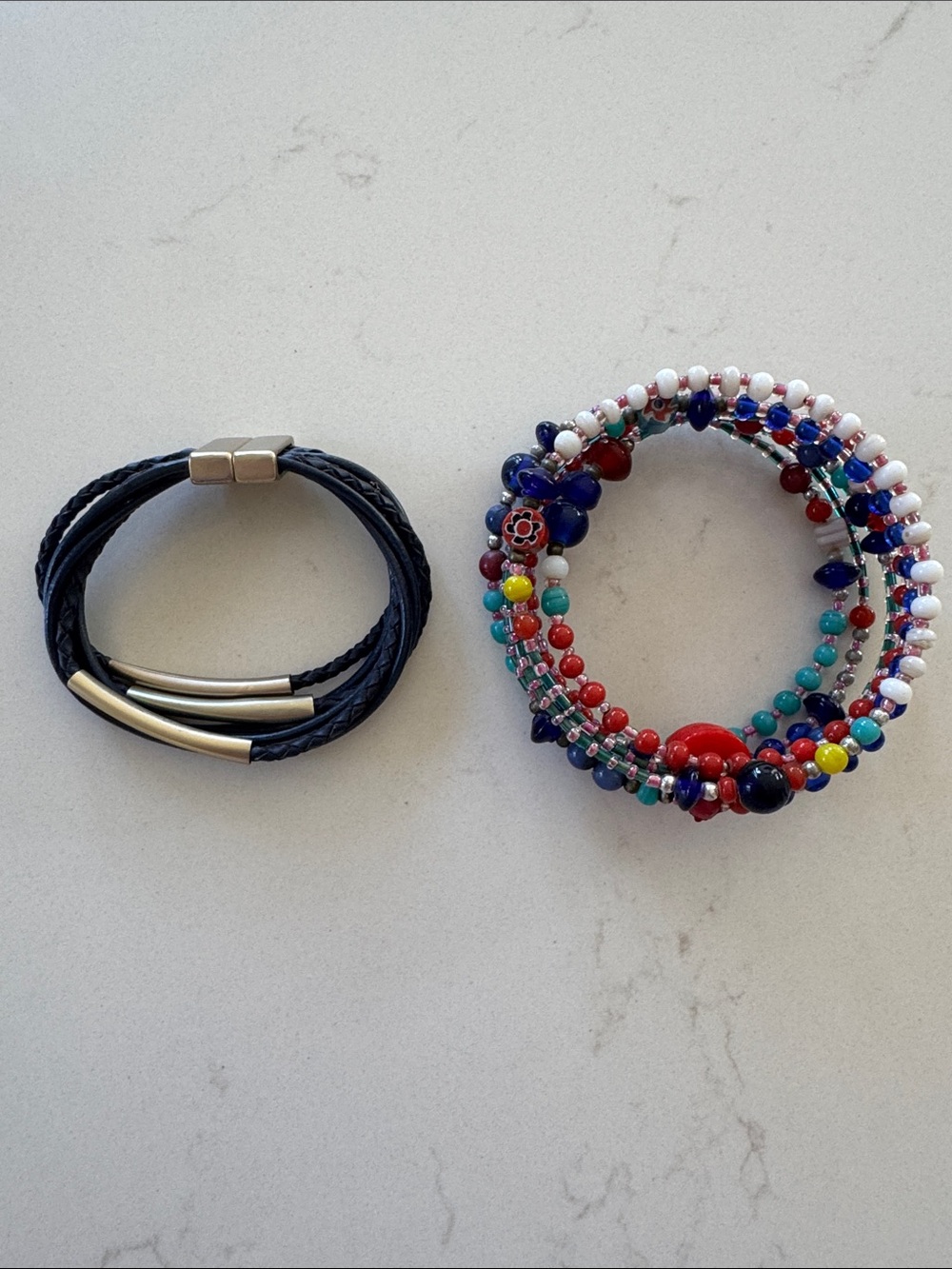 Beaded Multi-Color Coil Bracelet & Navy Braided Magnetic Bracelet Set   NWOT